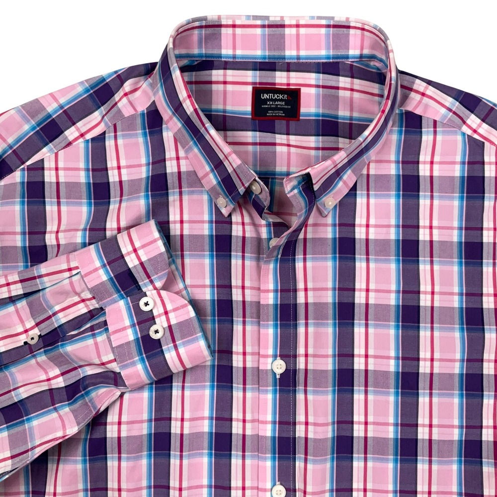 UNTUCKit Maitland Shirt Mens XXL Pink Plaid Wrinkle Free Relaxed Fit